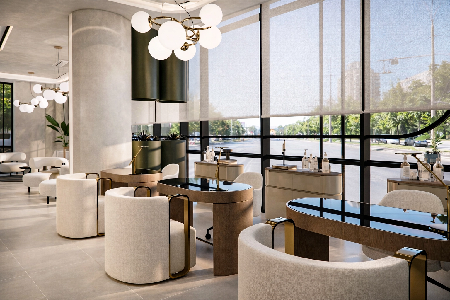 MEK Beauty makyaj istasyonları — meşe ve siyah cam masalar, bukle koltuklar, altın masa lambası ve şehir manzarası