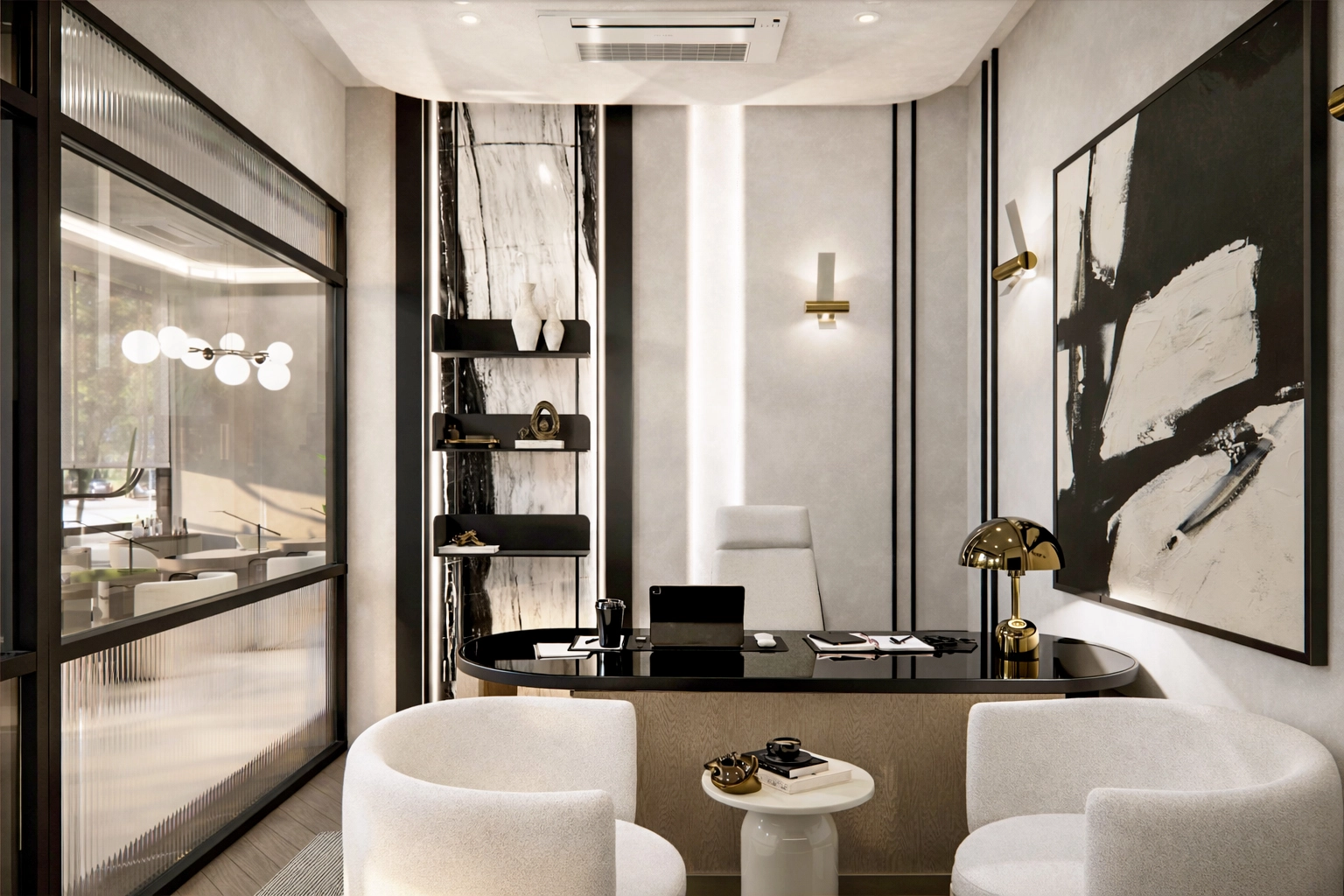 MEK Beauty danışmanlık odası — siyah cam oval masa, panda mermer duvar, altın aplik ve soyut tablo