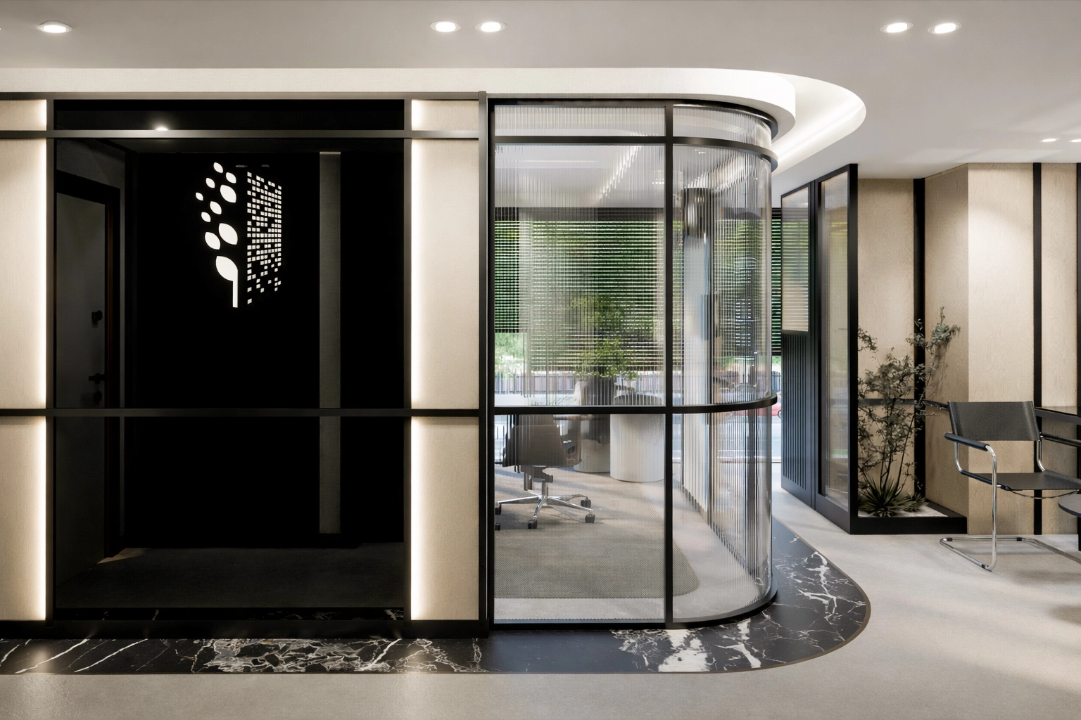 MEK Ofis — kavisli flüt cam toplantı odası, ışıklı logo paneli ve siyah mermer zemin detayı, Ruler İç Mimarlık Ankara