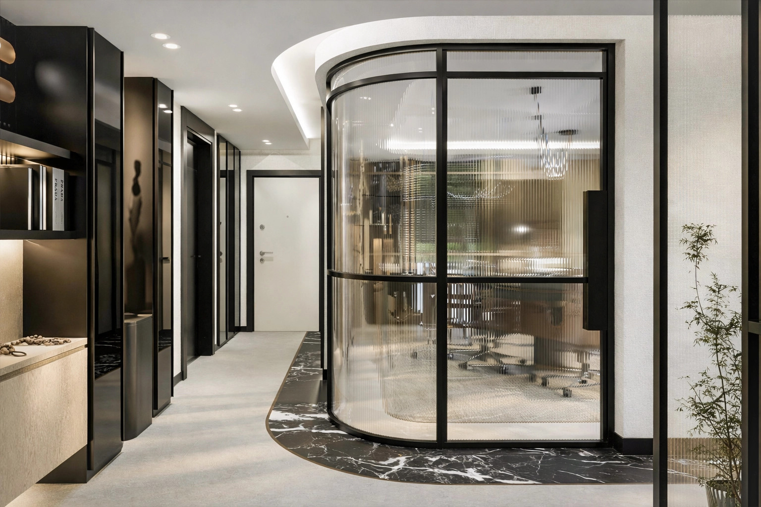 MEK Ofis koridor — kavisli flüt cam toplantı odası, bej duvar panelleri ve bambu bitki dekoru