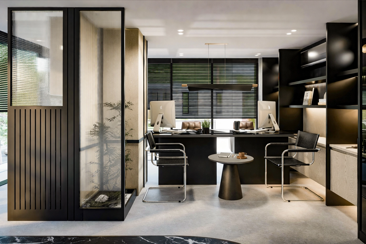 MEK Ofis çalışma alanı detay — çift kişilik masa, slat panel bölücü, bitki nişi ve flüt cam