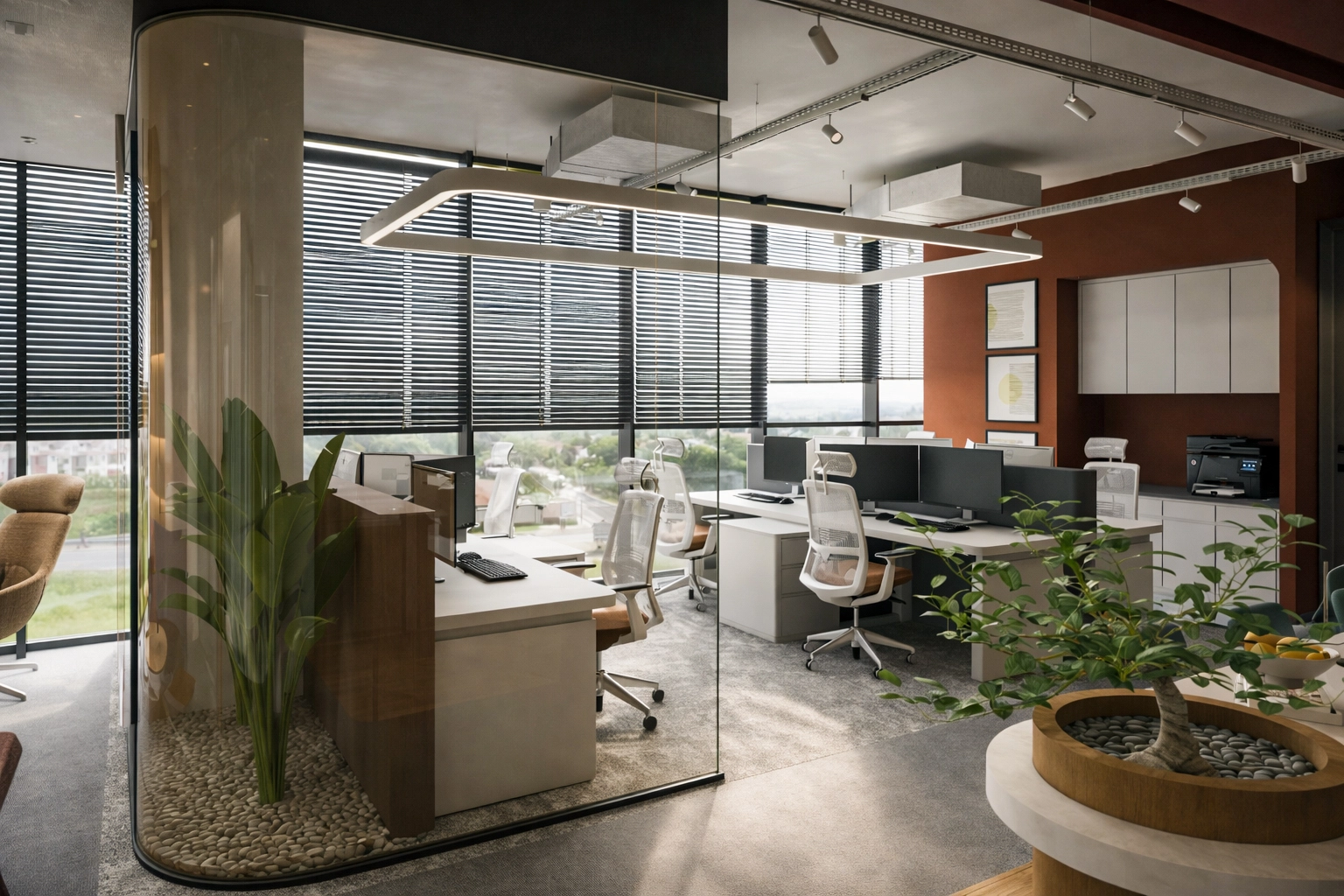 Metafor Ofis çalışma alanı — kavisli cam bölme, çakıl taşı peyzaj, ceviz L masa ve ergonomik koltuklar