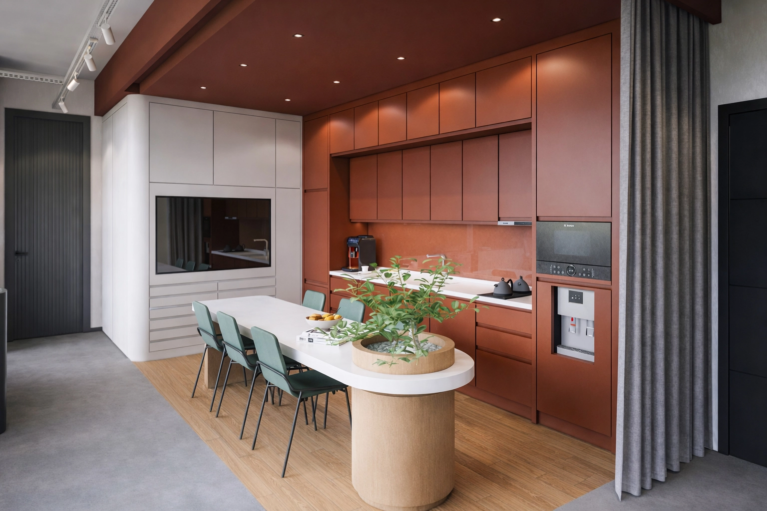 Metafor Ofis mutfak ve yemekhane — terracotta dolap sistemi, meşe ada masa, petrol yeşili sandalyeler