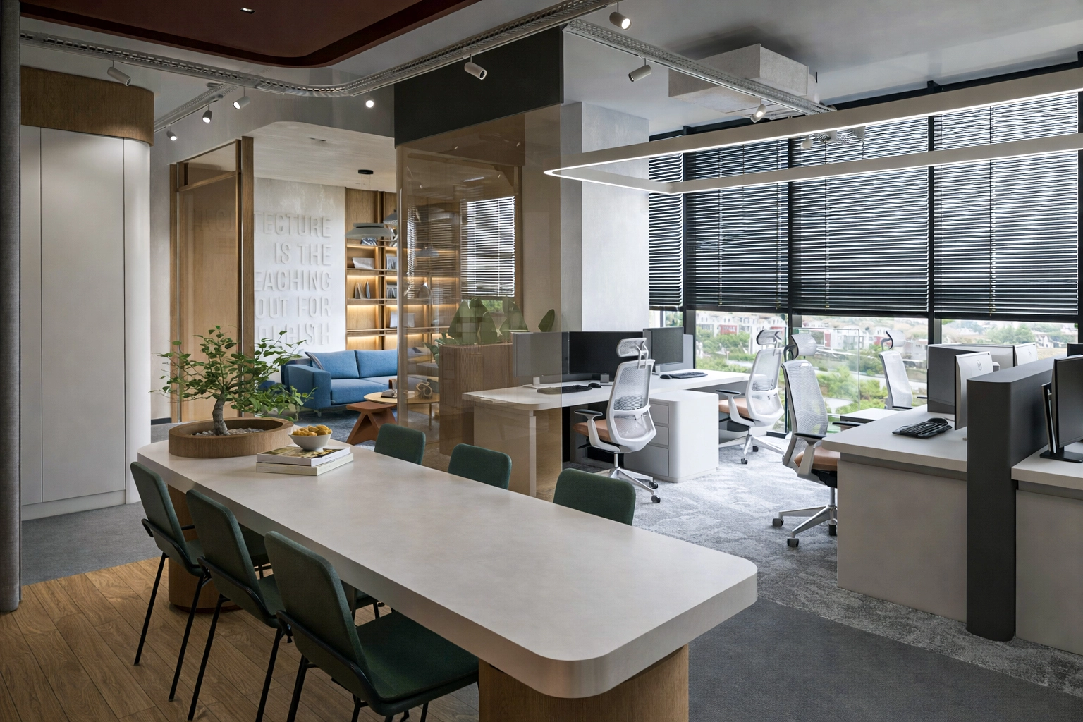 Metafor Ofis genel görünüm — toplantı masası, cam bölmeli yönetici odası, 3D tipografi duvar ve LED kitaplık