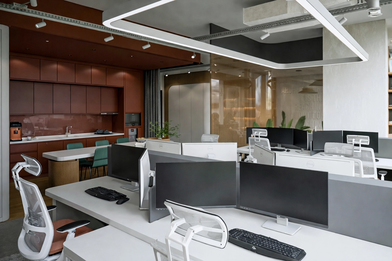 Metafor Ofis geniş perspektif — çalışma istasyonları, terracotta mutfak bloğu, exposed tesisat ve cam bölme