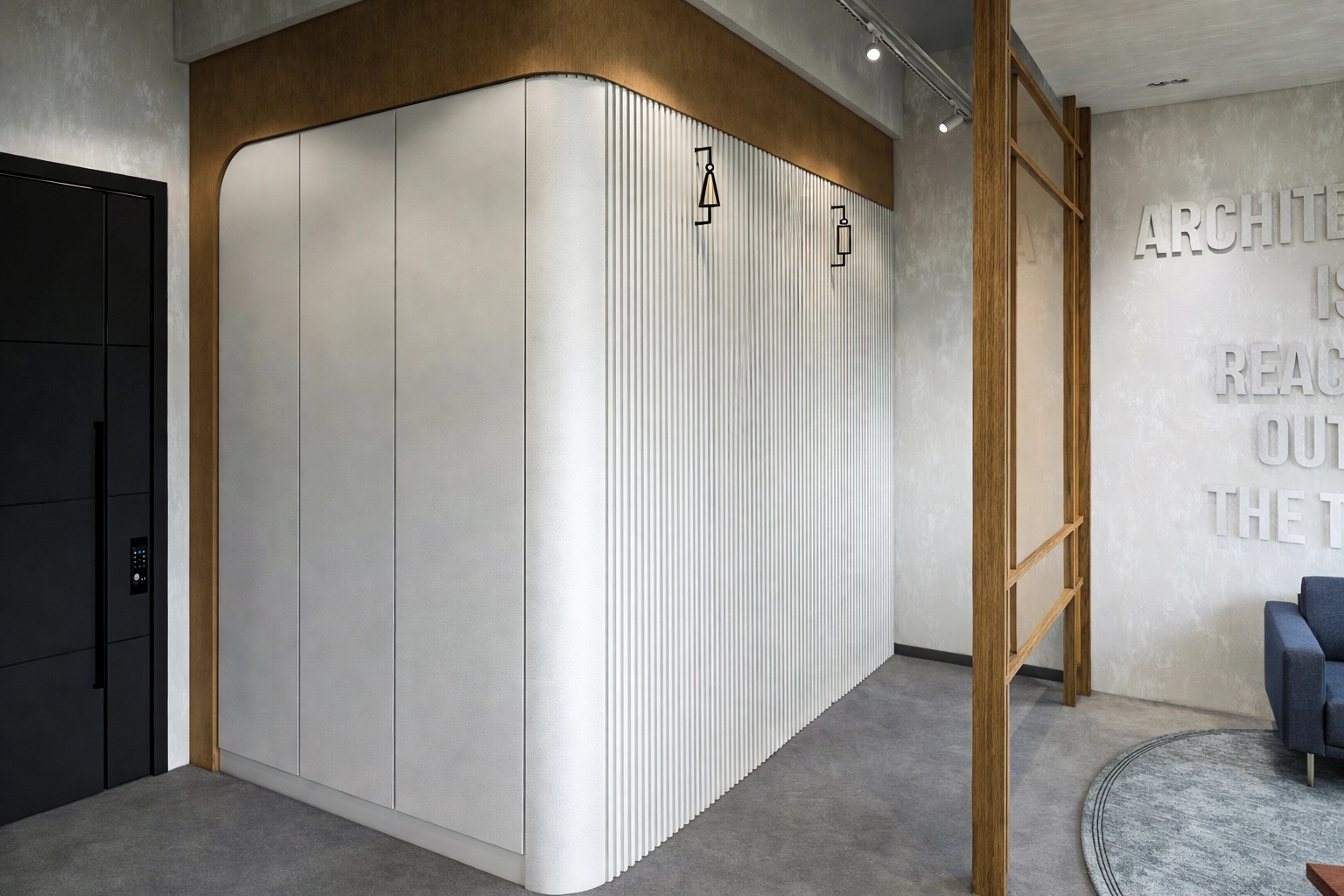 Metafor Ofis giriş holü — flüt panel duvar kaplaması, meşe kemer detayı, beton sıva ve 3D tipografi