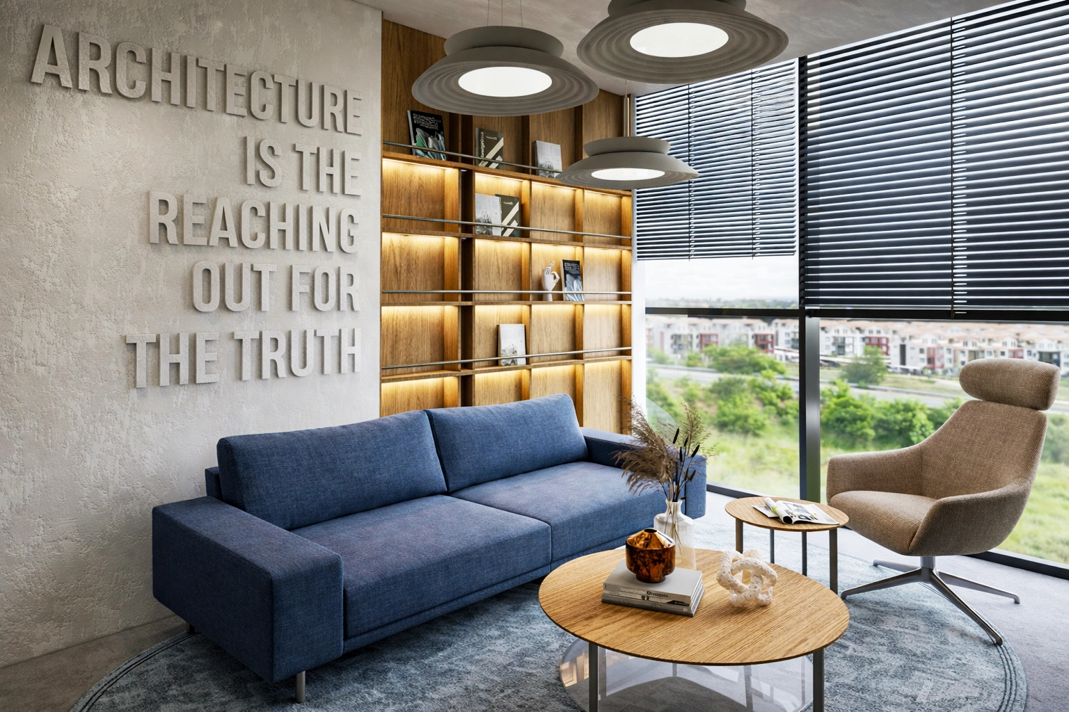 Metafor Ofis dinlenme alanı — mavi keten koltuk, 3D kabartma tipografi, meşe LED kitaplık ve dalga formlu avize
