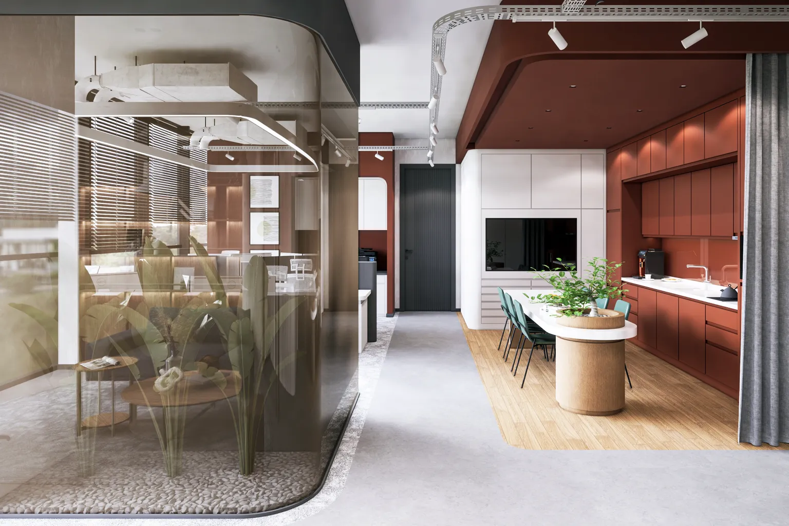 Metafor Mimarlık Ofisi — kavisli cam bölme, terracotta mutfak bloğu ve endüstriyel tavan detayı, Ruler İç Mimarlık Ankara