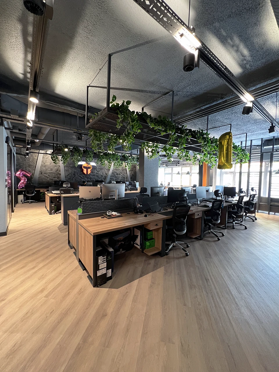 Panteon Ofis açık ofis genel görünüm, asma bitki panelleri, doğal taş duvar, Panteon logosu ve ahşap cluster masalar