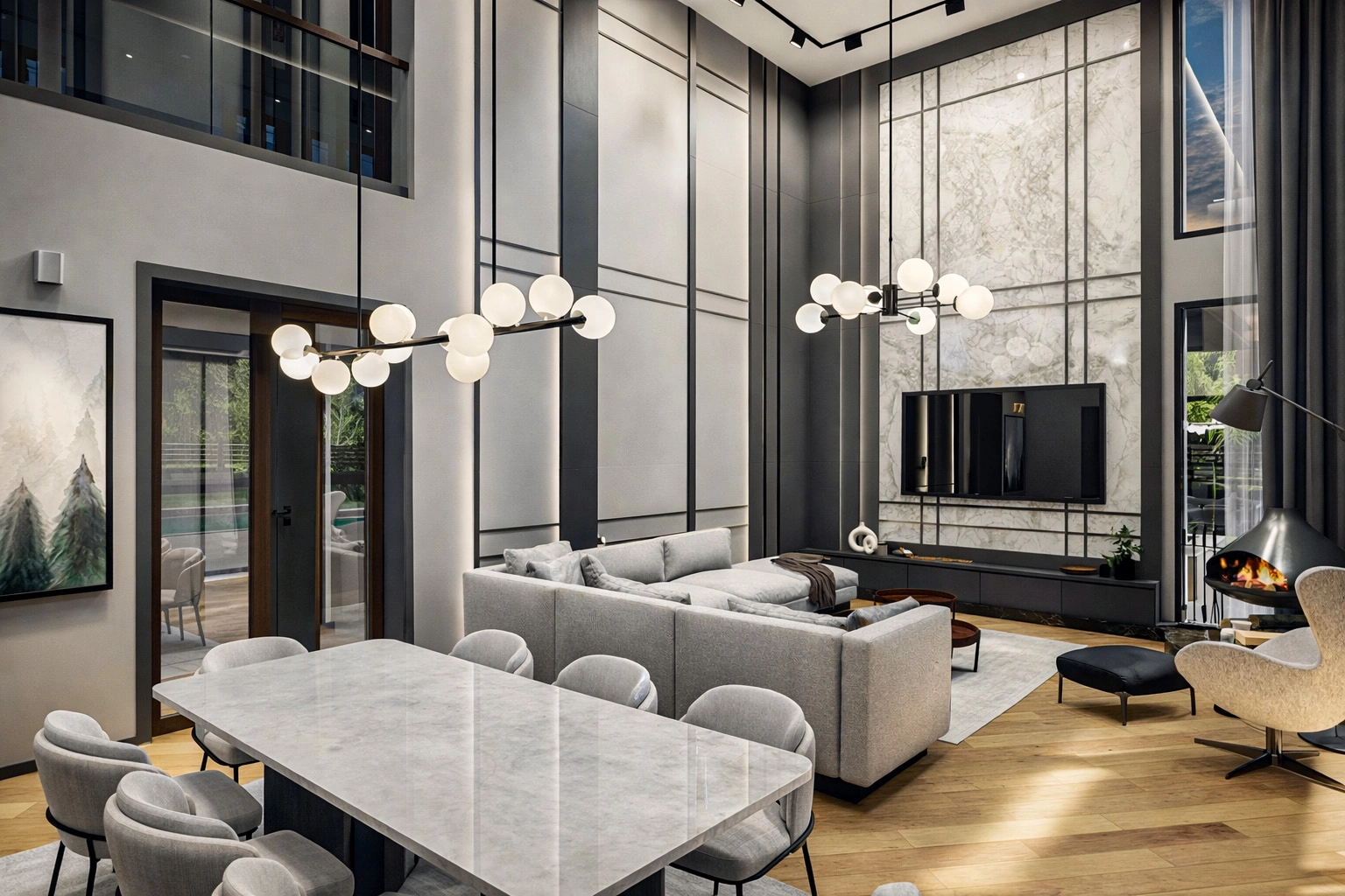 U.S. Villa salon ve yemek alanı — çift yükseklikte mermer TV duvarı, boiserie panel, moleküler sputnik avize ve asma şömine