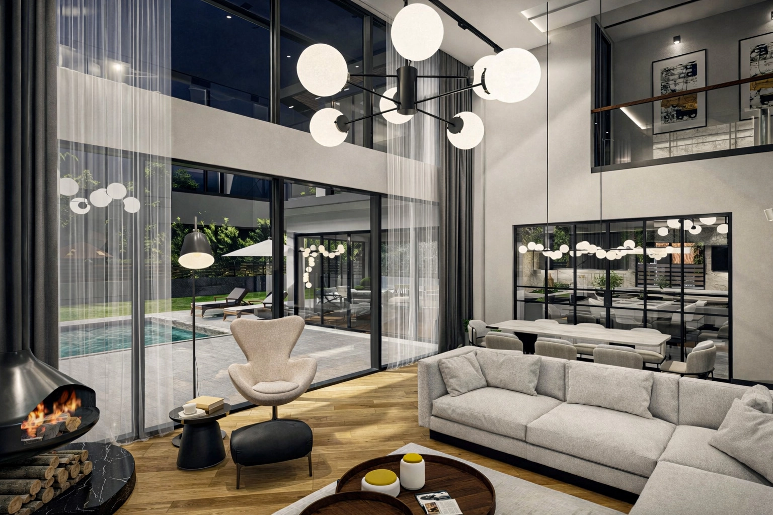 U.S. Villa — çift yükseklikte havuz manzaralı modern salon, cam cephe ve moleküler avize, Ruler İç Mimarlık Ankara