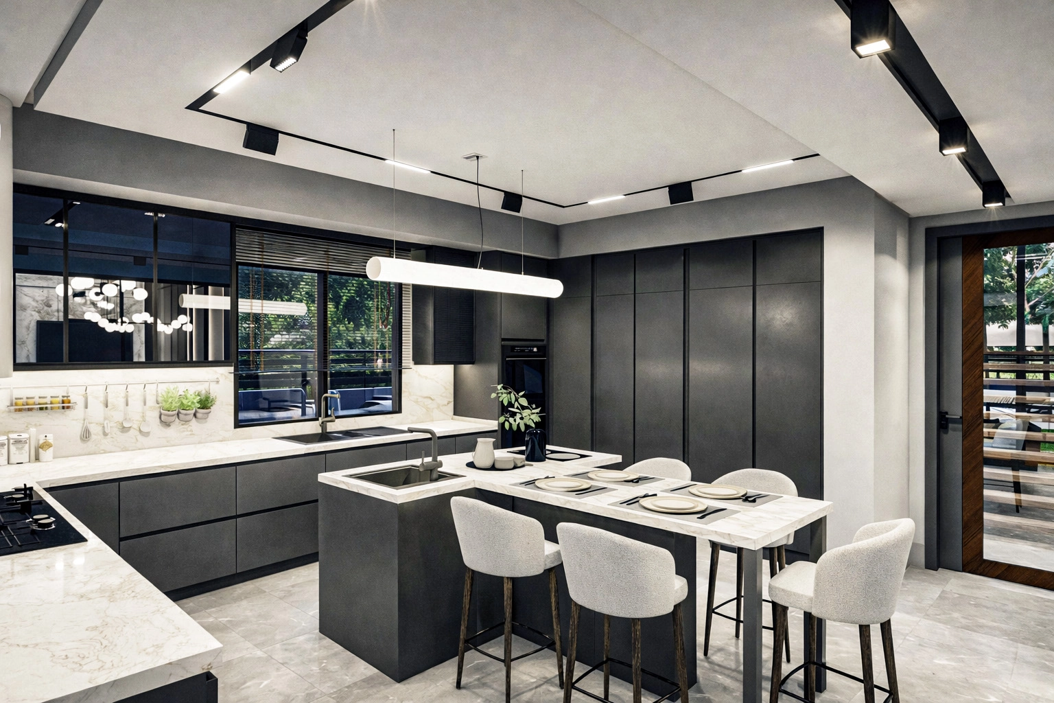 U.S. Villa mutfak — antrasit mat dolap, beyaz mermer ada tezgak, bouclé bar tabureleri ve geometrik asma tavan