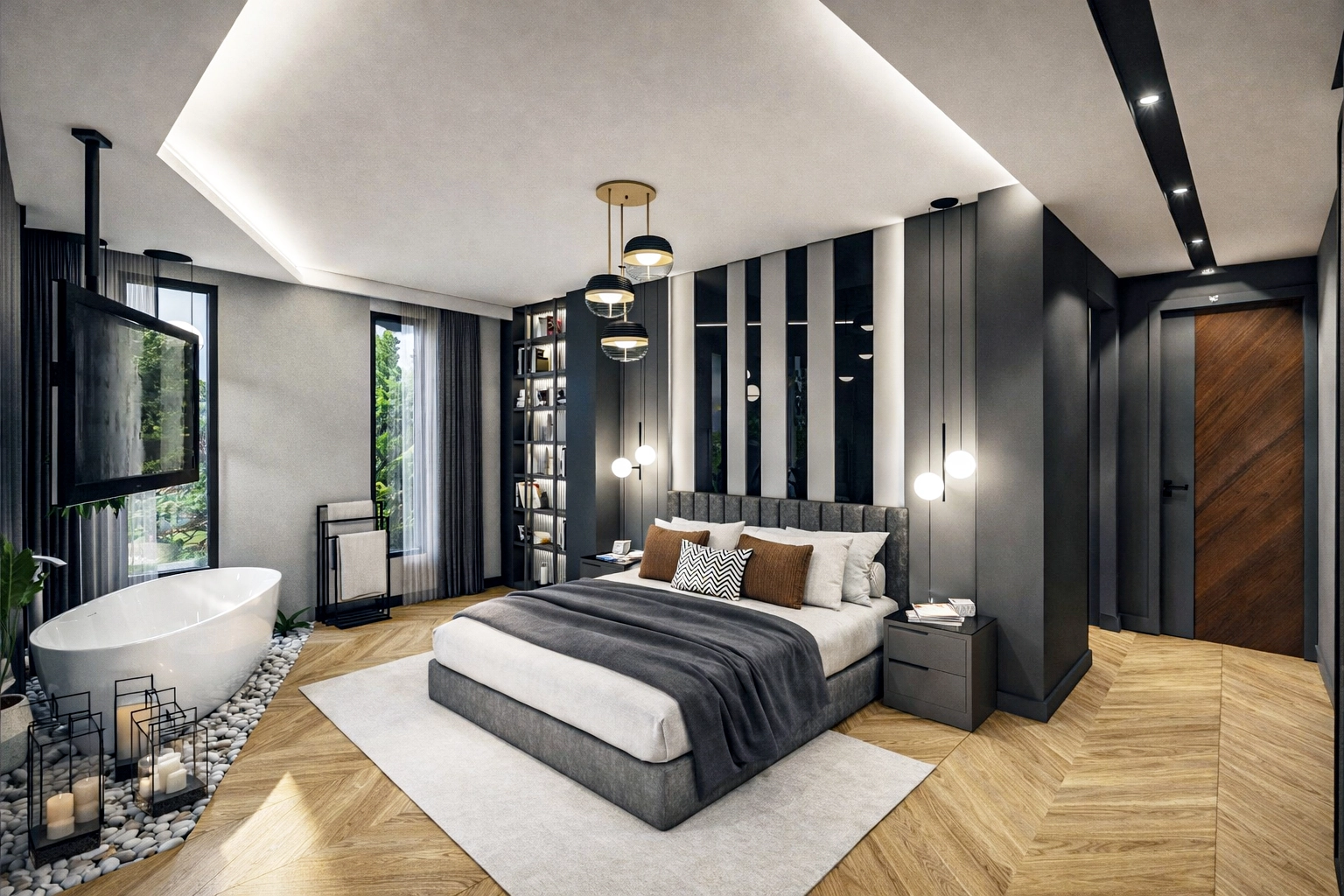 U.S. Villa master yatak odası — dikey kanal dikişli yatak başı, serbest küvet, çakıl taşı dekoru ve gömme kitaplık