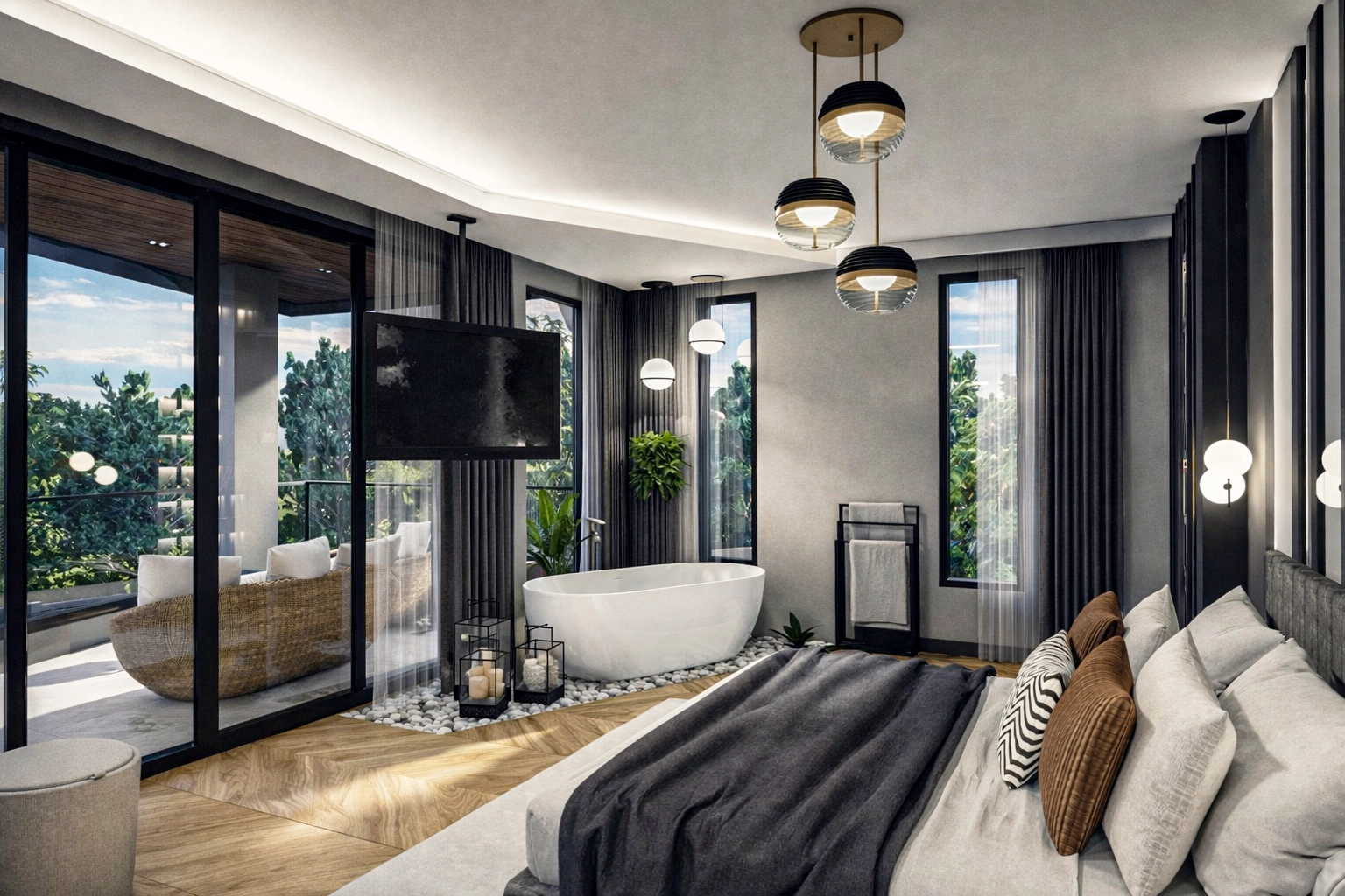 U.S. Villa master yatak odası balkon cephesi — serbest küvet, döner TV paneli, hasır balkon koltukları ve yeşillik manzarası