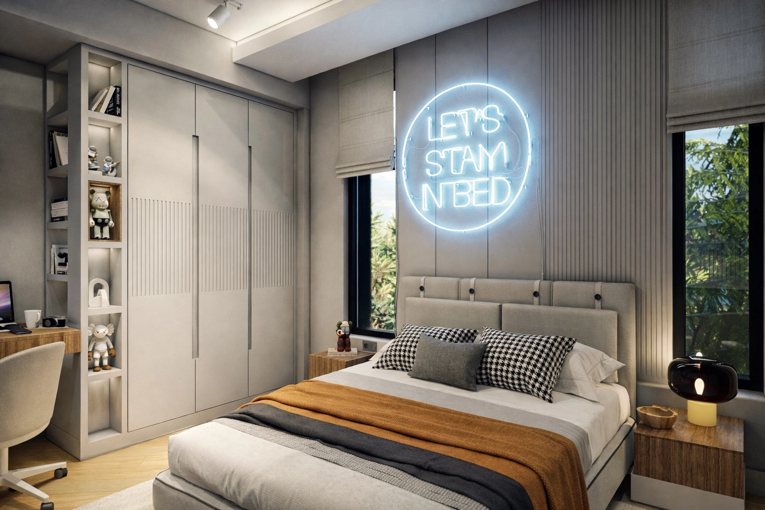 U.S. Villa genç odası — neon LED yazı, slat panel yatak başı, gömme dolap ve çalışma masası