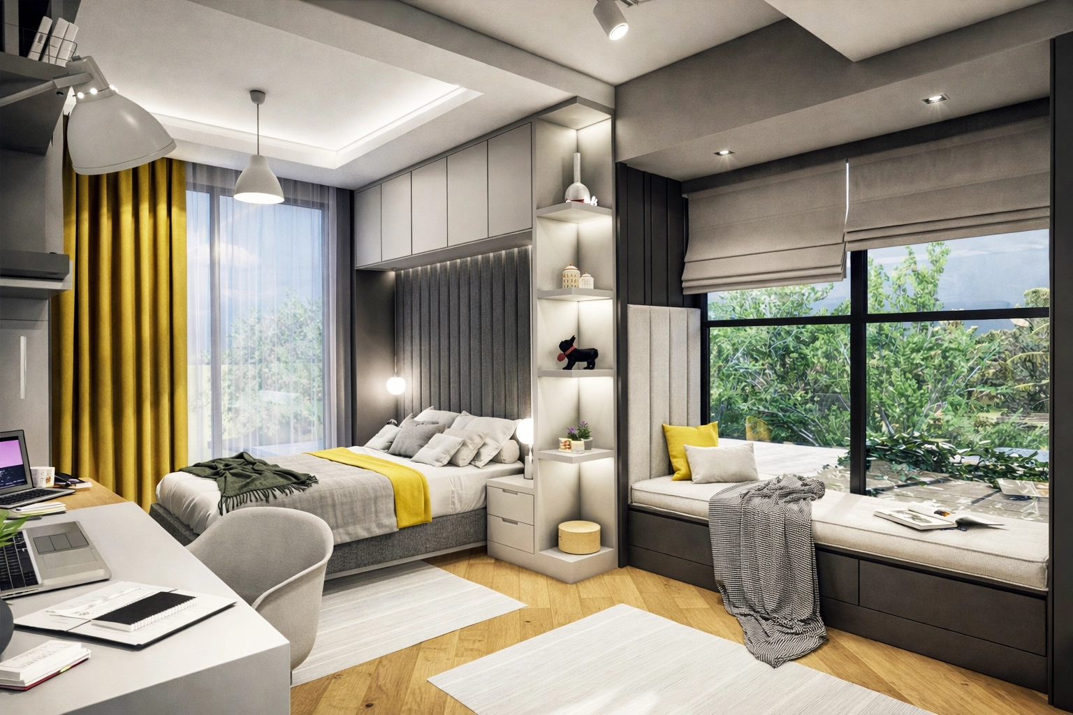 U.S. Villa çocuk odası — hardal perde aksanı, pencere önü oturma sediri, LED raflı yatak nişi ve çalışma alanı