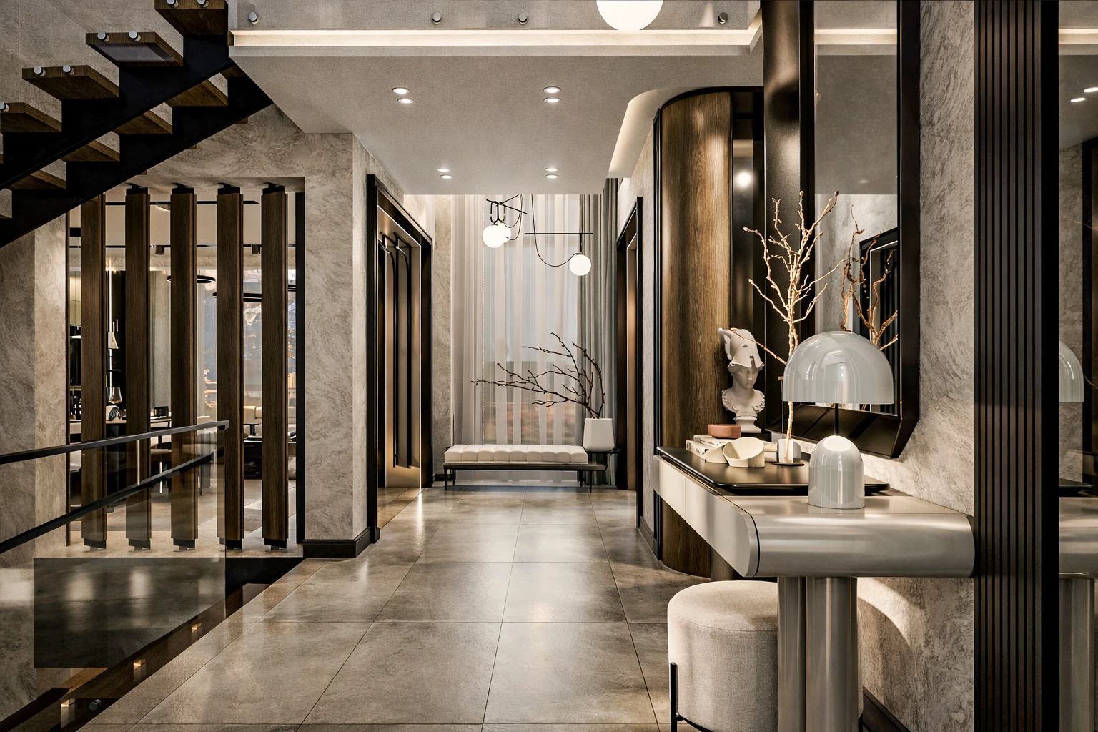 Y.Y. Villa giriş holü, mermer zemin, ahşap bölücü lamel, konsol masa, büst heykel ve kubbe masa lambası