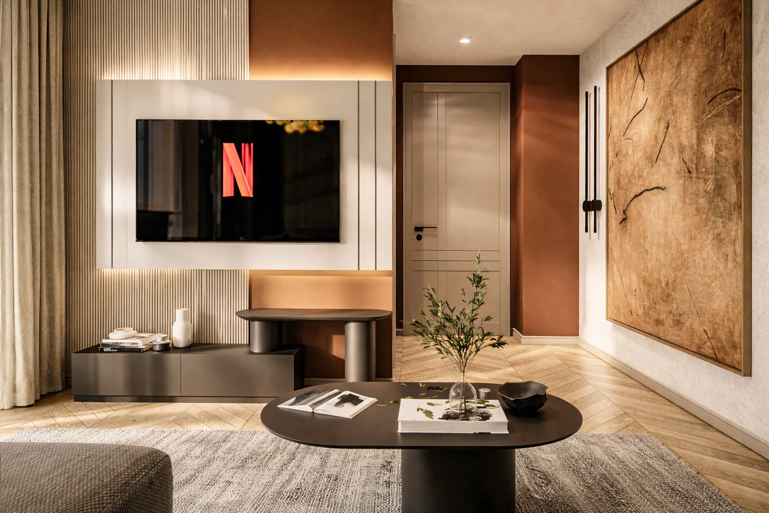 Y.Y. Villa oturma odası, terracotta duvar, slat panel TV ünitesi, bej koltuk ve siyah sehpa