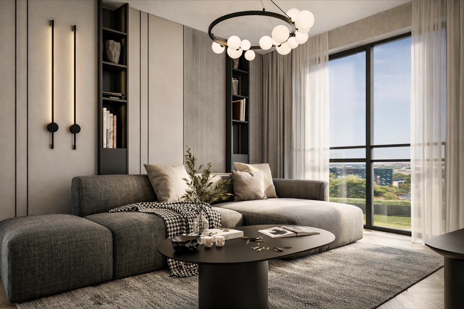 Y.Y. Villa aile odası, gri modüler koltuk, halka globe avize, kitaplık nişi ve panoramik cam