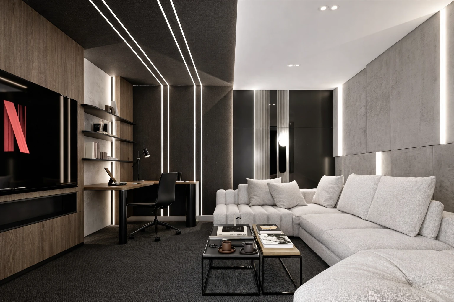 Y.Y. Villa sinema odası, koyu tavan, LED şerit aydınlatma, L koltuk, meşe raflar ve beton panel duvar