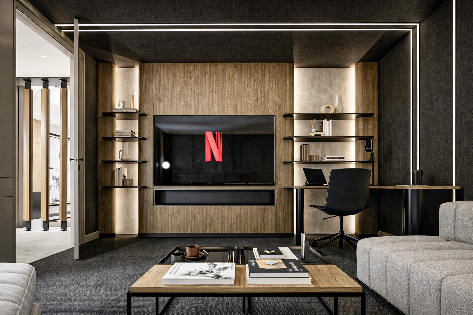 Y.Y. Villa sinema odası, meşe TV duvarı, açık raflar, çalışma masası ve LED çerçeve aydınlatma