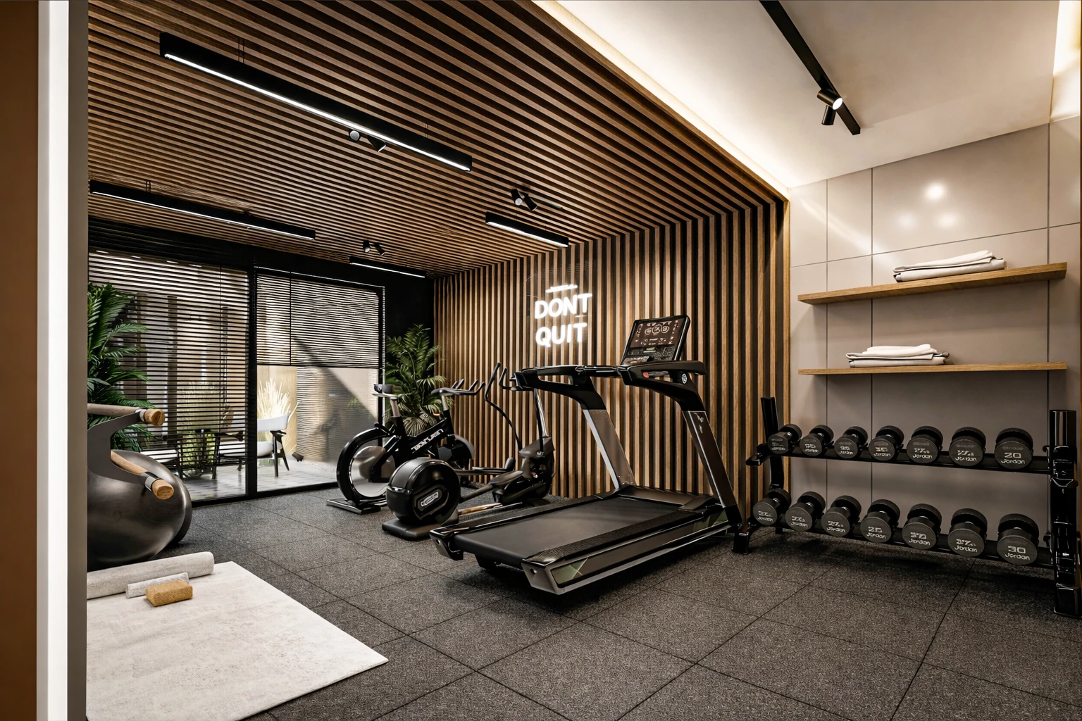 Y.Y. Villa spor salonu, slat ahşap tavan-duvar, Don't Quit neon yazı, koşu bandı ve dambıl rafı