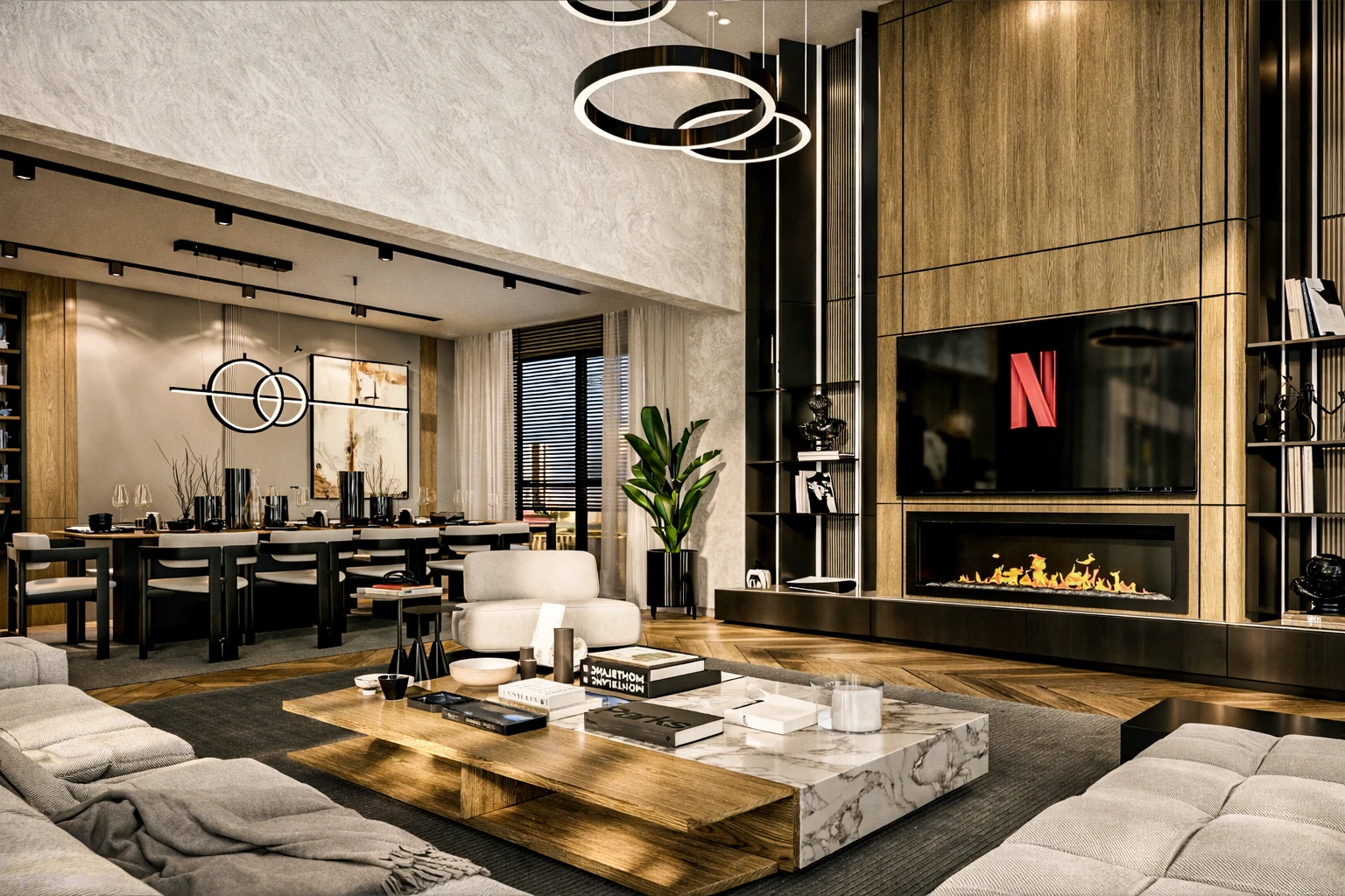 Y.Y. Konut Villa salon tasarımı, meşe sehpa, şömineli TV ünitesi, halka avizeler ve chevron parke zemin detayı, Ruler İç Mimarlık Ankara