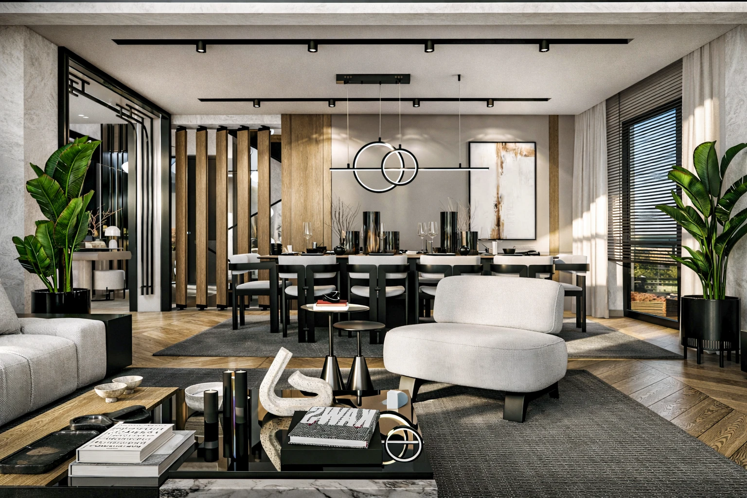 Y.Y. Villa salon ikinci açı, yemek masası, siyah sandalyeler, halka avize ve slat panel bölücü