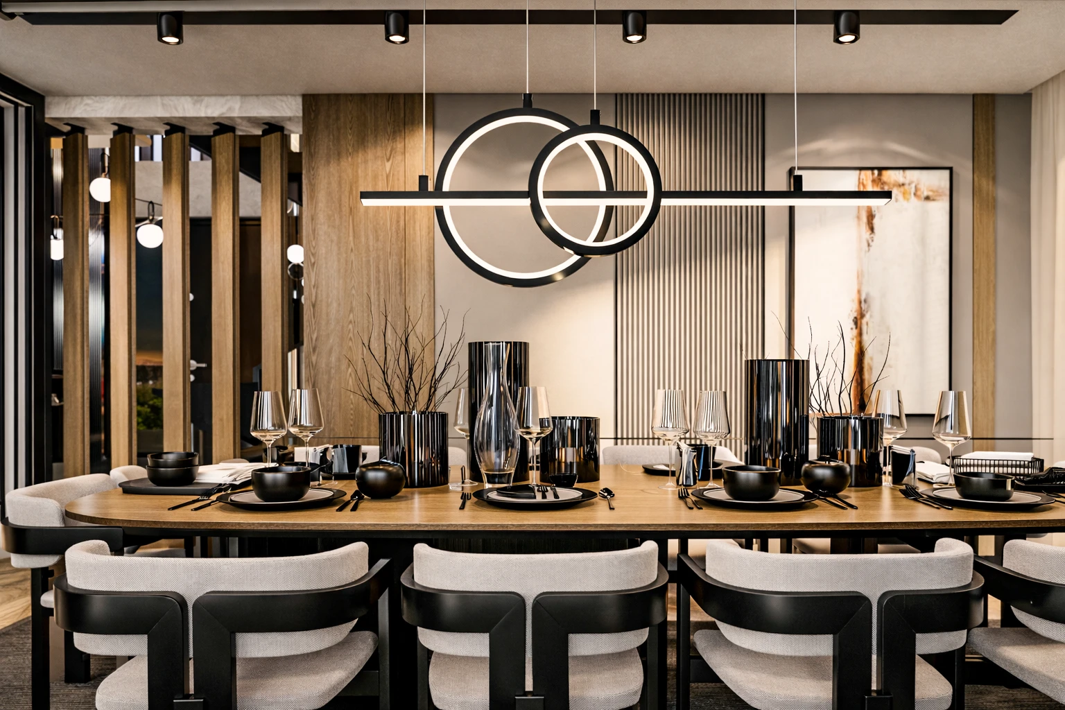 Y.Y. Villa salon yemek alanı detay, siyah servis takımı, kristal kadeh, halka LED avize