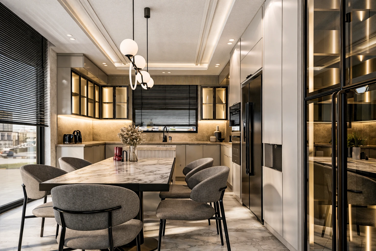 Y.Y. Villa mutfak, mermer ada tezgah, camlı üst dolap, globe avize ve ankastre sistem