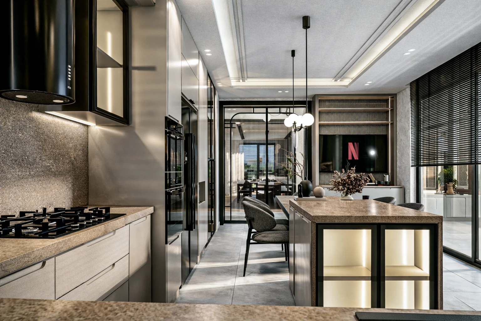 Y.Y. Villa mutfak geniş açı, ada tezgah, ankastre fırın, cam bölme ile salona geçiş