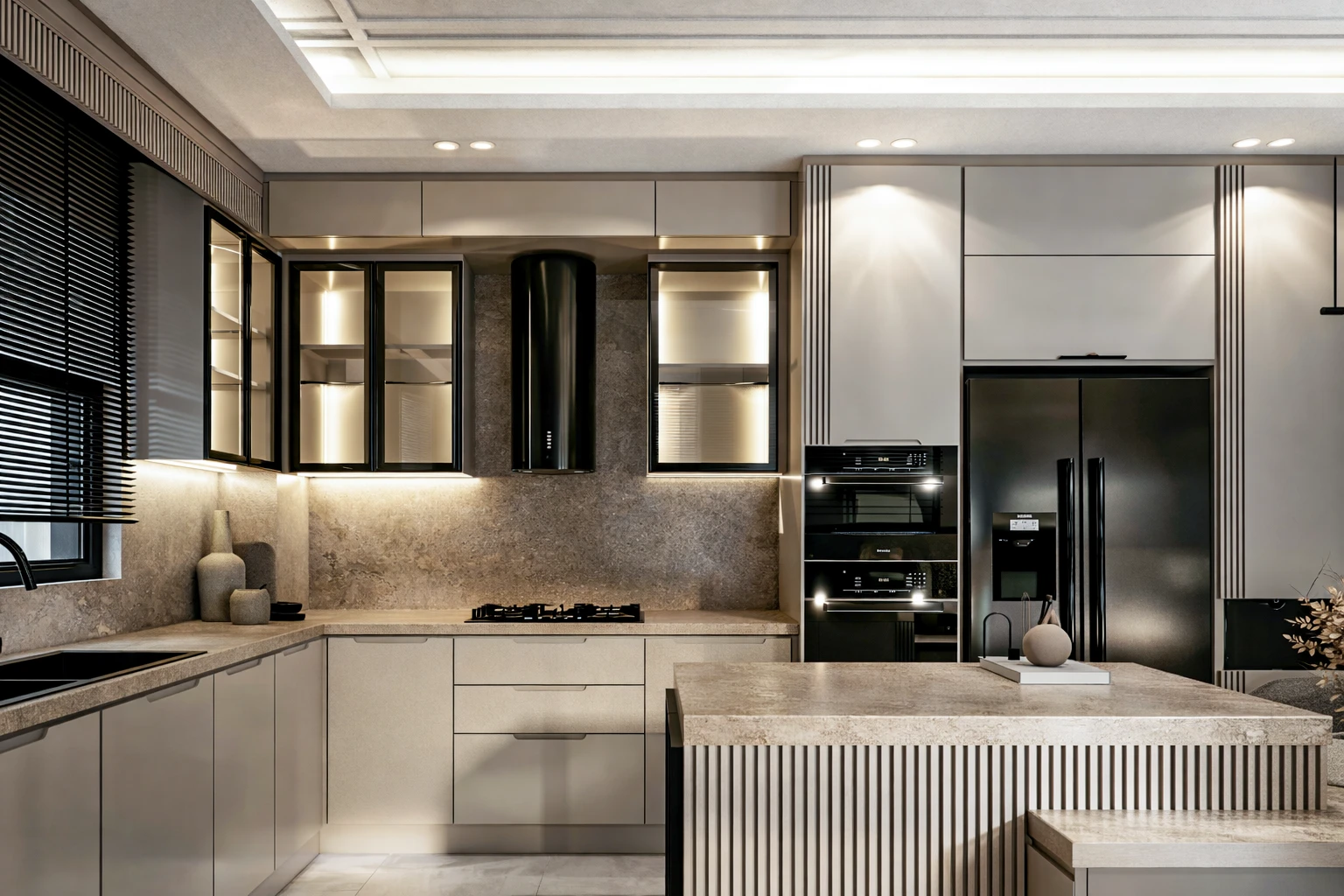 Y.Y. Villa mutfak detay, flüt panel ada, camlı üst dolap, silindirik davlumbaz ve doğal taş tezgah