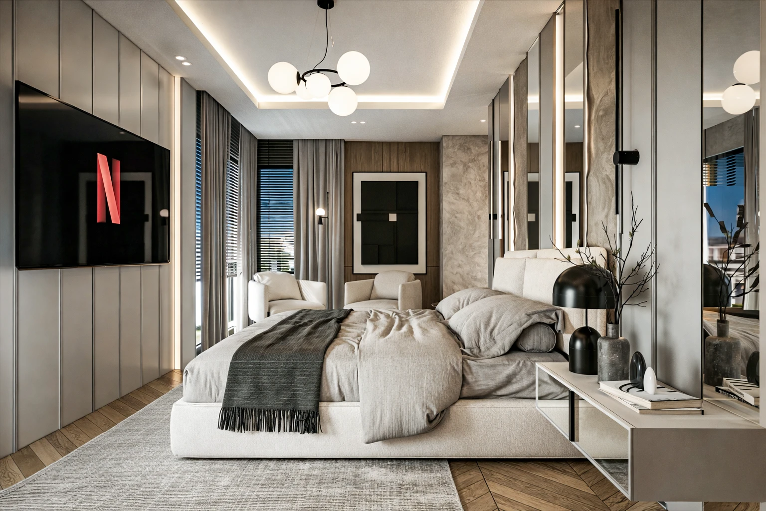 Y.Y. Villa ebeveyn yatak odası, platform yatak, panel duvar, globe avize ve gizli LED aydınlatma