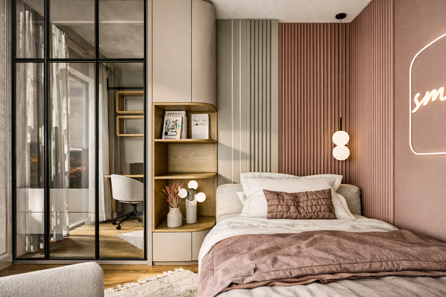 Y.Y. Villa genç odası, pembe slat panel yatak başı, neon yazı, meşe kitaplık ve cam bölmeli çalışma alanı