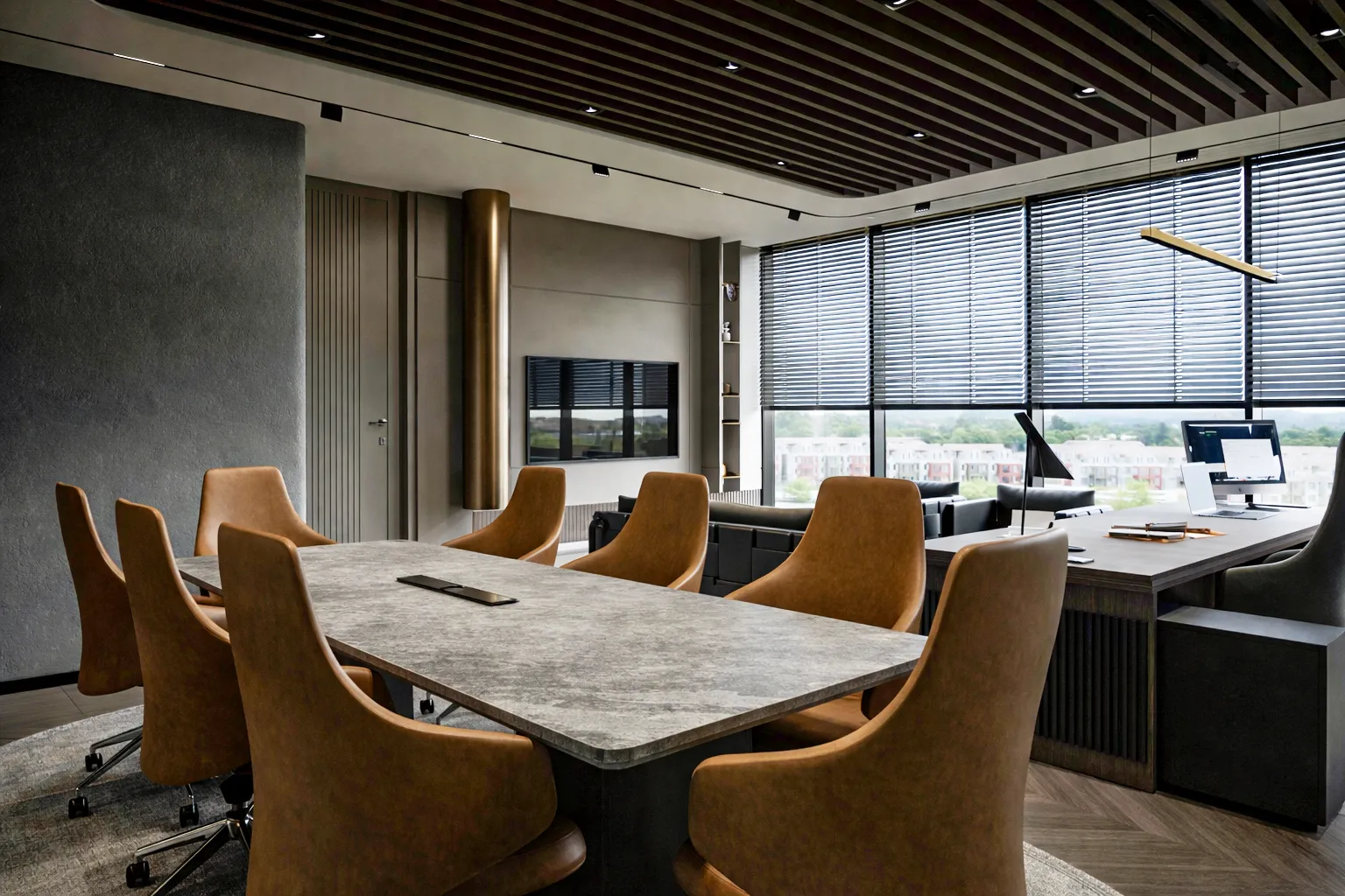 Metafor Yönetici Ofisi — toplantı odası ve çalışma alanı genel perspektifi, koyu ahşap slat tavan ve asma şömine detayı, Ruler İç Mimarlık Ankara